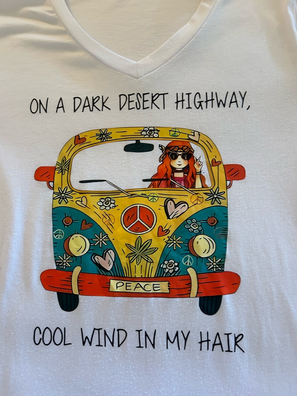 HUGE BUNDLE SALE! White V-Neck Tee Colorful Hippie Van and Peace Graphic LARGE